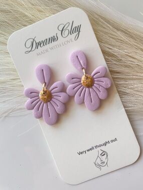 Dreams Clay Lilac Flower Drop Earrings with Gold Detail